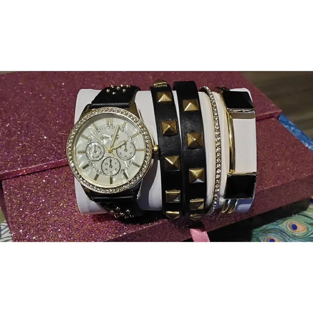 BNIB~Trendy Womens Black/Gold Studded Strap Watch & Bracelet Boxed Set